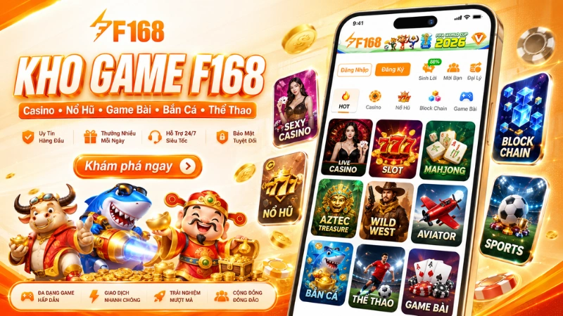 Banner kho game F168 giới thiệu casino, nổ hũ, game bài, bắn cá và thể thao trên giao diện giải trí trực tuyến